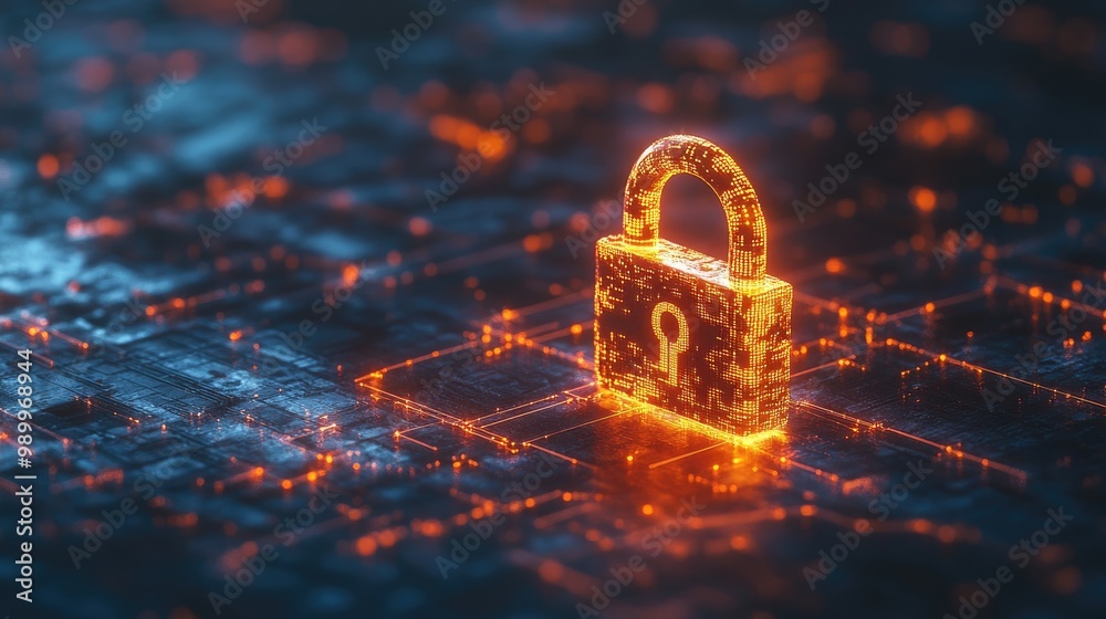Poster 3d glowing padlock in a cyber network with complex lines of code, symbolizing online security