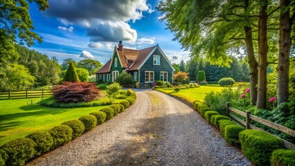 Serene Gravel Driveway Leading to a Peaceful Country Home Surrounded by Lush Green Landscape
