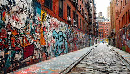 Fototapeta premium A graffiti-covered urban wall, showcasing vibrant colors, bold lines, and an edgy, artistic vibe
