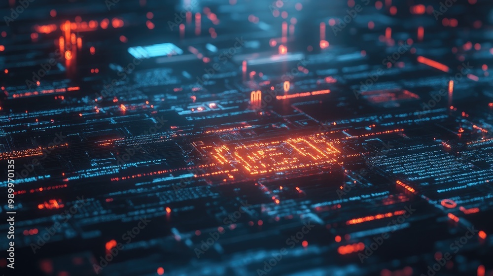 Poster a dark digital landscape with streams of code and glowing firewall icons protecting data.