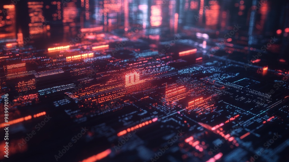 Poster a dark digital landscape with streams of code and glowing firewall icons protecting data.