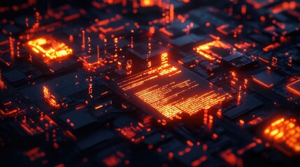 A dark digital landscape with streams of code and glowing firewall icons protecting data.