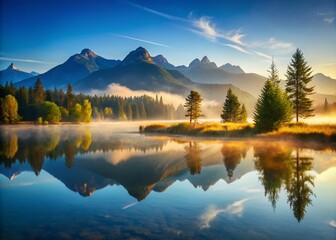 Serene Morning Landscape with Misty Mountains and Calm Lake Reflections Under a Clear Blue Sky