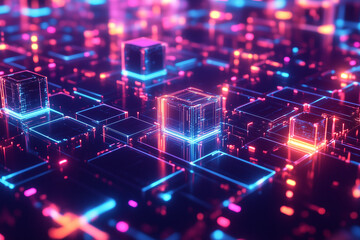 Fototapeta premium Futuristic Cubes Glowing with Neon in a Cybernetic Landscape: Entering a Digital Dimension