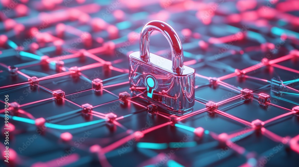 Poster Abstract cybersecurity scene with a 3D padlock and a digital network of data connections.