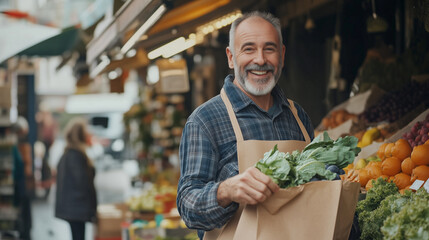 Cheerful Street Vendor Running a Small Farm Market Business, Selling Sustainable Fruits and Vegetables. Happy Middle Aged Man Filling a Recycled Paper Shopping Bag with Local Natural Food .