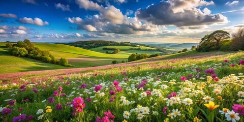 Obraz premium Serene Primrose Triangle Landscape with Lush Green Fields and Vibrant Wildflowers Under Clear Sky