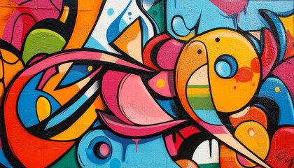 Obraz premium A graffiti-covered urban wall, showcasing vibrant colors, bold lines, and an edgy, artistic vibe