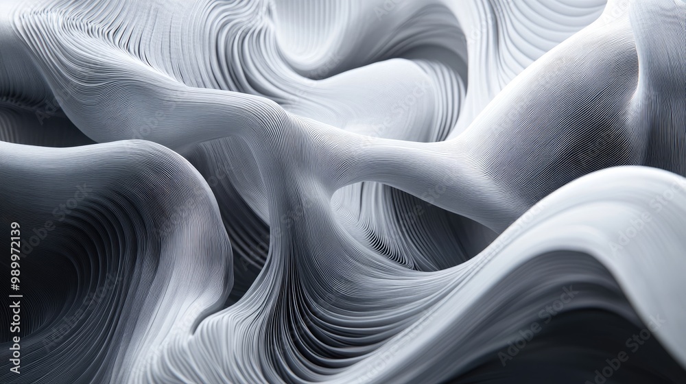 Poster abstract lines bending and twisting into organic shapes, forming a dynamic 3d structure.