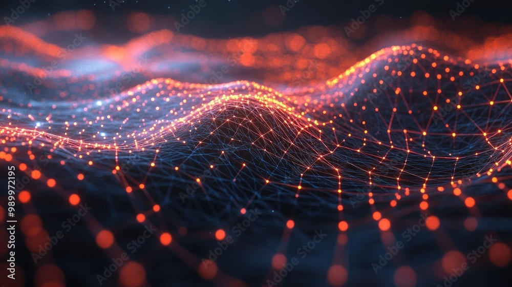 Poster abstract lines forming a futuristic, web-like structure in a 3d render on a dark background.