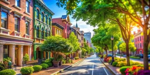 Serene Urban Angle Street View with Beautiful Architecture and Lush Greenery in Bright Daylight