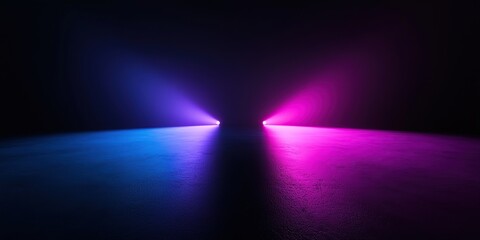 photo of two light beams in purple and blue colors, floating on a black background