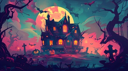 "Eerie Halloween Scene with Haunted House and Glowing Windows – Vector"
