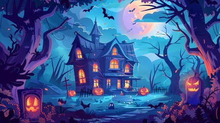 "Minimalist Halloween Night with Haunted House and Witch – Vector"
