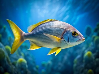 Silver Fish with Vibrant Yellow Tail Swimming Gracefully in a Clear Blue Ocean Environment
