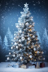 Snowy winter wonderland with a beautifully decorated Christmas tree and presents underneath
