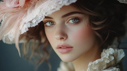 aristocratic lady close-up portrait in an edwardian gown with a delicate feathered hat evoking costume drama style, highlighting refined period fashion and sophisticated historical elegance