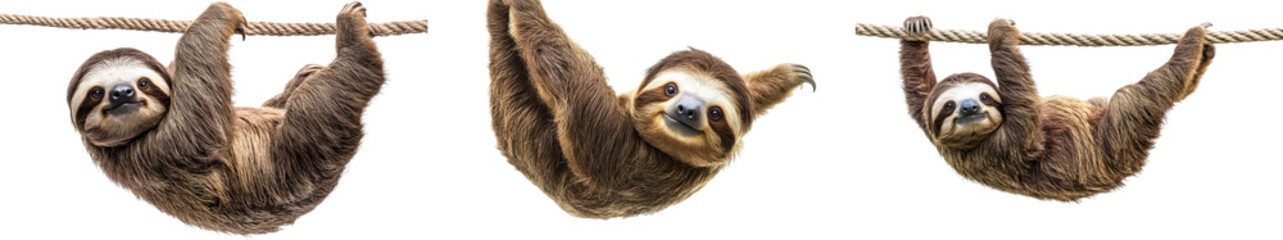 Three adorable sloths hang playfully from rope, showcasing their slow and relaxed nature. Their furry bodies and gentle expressions make them endearing creatures. 