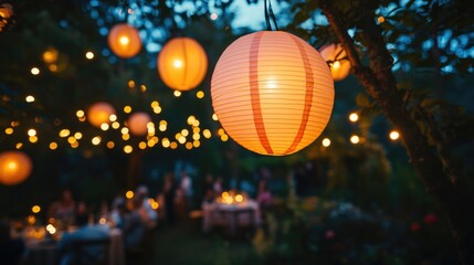Obraz premium Ambient lighting from paper lanterns hanging over a garden party at dusk.