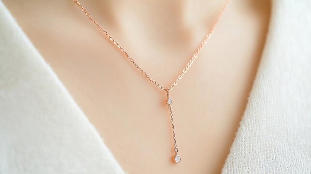 Elegant lariat necklace, rose gold chain, dainty gemstone accents, handcrafted for a romantic touch