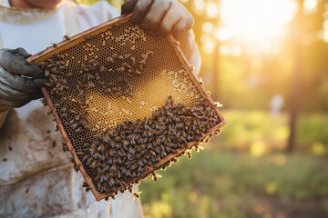 Beekeeper Holding Honeycomb Frame Filled with Sweet Nectar and Busy Bees