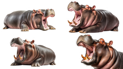 Four hippos are shown in various poses, each with their mouths wide open, displaying their large teeth. image captures texture of their skin and details of their expressions. 