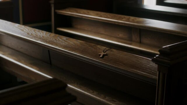 Medium shot of small christian cross on rope left on wooden bench inside empty church