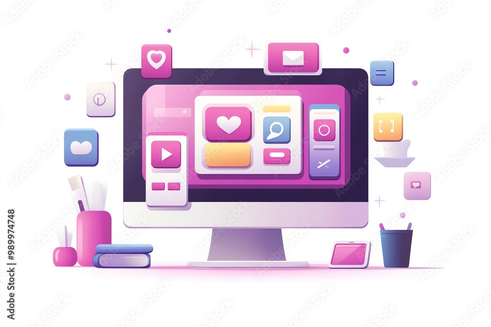 Poster computer with pink user interface design and icons on screen.