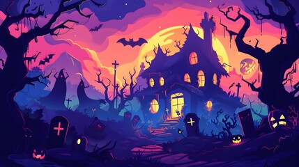"Minimalist Halloween Scene with Witch Flying Over Haunted House – Vector"
