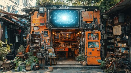 Futuristic Shop Front with Digital Screen in Urban Alley