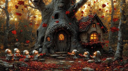 Fototapeta premium Magical Autumn Forest with Fairies and a Cozy Cottage