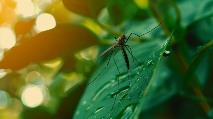 Fototapeta premium Close-up of mosquito resting on leaf in tropical forest, emphasizing its role in transmitting viruses, shallow depth of field.