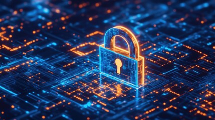 Blue digital padlock icon over a virtual data network, symbolizing cybersecurity protection.