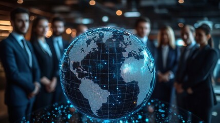 global business team surrounding an earth globe highlighting the concept of globalization with a focus on multicultural collaboration international business partnerships and diverse corporate strategi