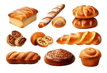 Set of various sweet breads Slices and bakery or pastries, isolated cartoon vector set of bakery products translucent background	