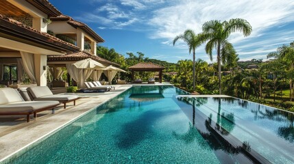 Elegant pool area with an infinity pool, luxurious cabanas, and tropical surroundings.