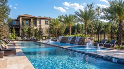 Family-friendly pool area with a shallow splash zone, playful fountains, and deck seating.