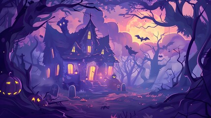 "Spooky Halloween Scene with Full Moon and Haunted House – Vector"
