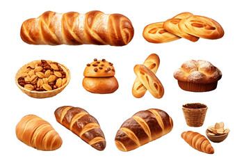 Set of various sweet breads Slices and bakery or pastries, isolated cartoon vector set of bakery products translucent background	