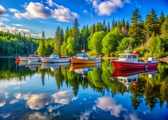 Naklejka premium Sport Fishing Boats on a Tranquil Lake with Reflections of Trees and Clear Blue Sky in Summer