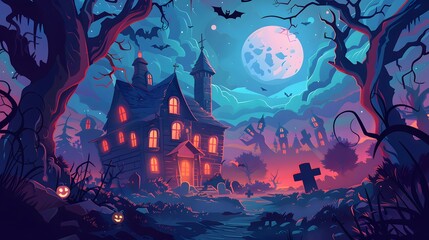 "Eerie Halloween Night with Witch, Tombstones, and Haunted House – Vector"
