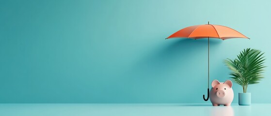 A pink pig is sitting under an umbrella on a blue wall
