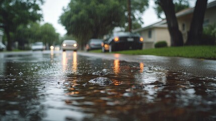 Close-up of water flowing from the street after heavy rain, trees and cars in the background