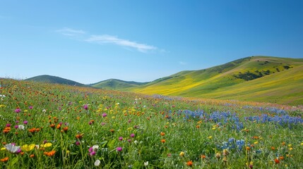 Rolling hills covered in blooming wildflowers under a clear blue sky, natural background, picturesque meadow © stockdevil