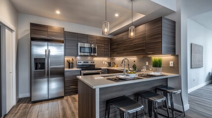 Fototapeta premium Modern kitchen with high-end appliances, dark wood cabinets, and sleek countertops.