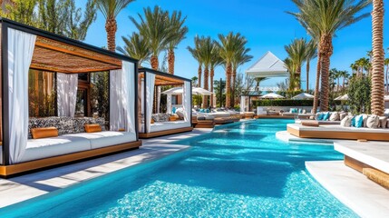 Fototapeta premium Modern pool area at a high-end hotel with cabanas, palm trees, and bright blue water