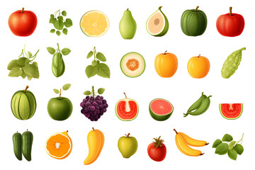 Set of different fresh vegetables and fruits isolated on transparent background	