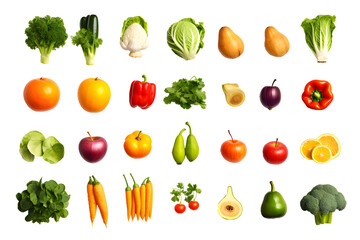 Set of different fresh vegetables and fruits isolated on transparent background	