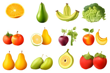 Set of different fresh vegetables and fruits isolated on transparent background	