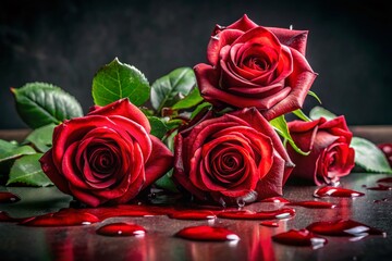 Striking Close-Up of Bleeding Roses with Rich Red Petals and Green Leaves on a Dark Background